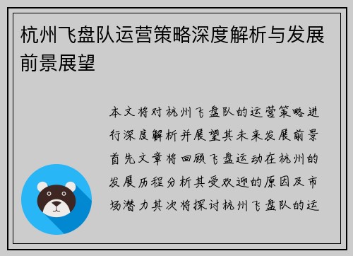 杭州飞盘队运营策略深度解析与发展前景展望