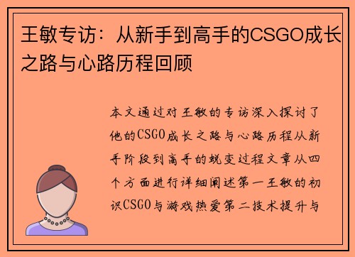王敏专访：从新手到高手的CSGO成长之路与心路历程回顾